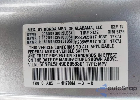 2012 Honda Odyssey Ex from USA, damaged, VIN 5FNRL5H49CB059301